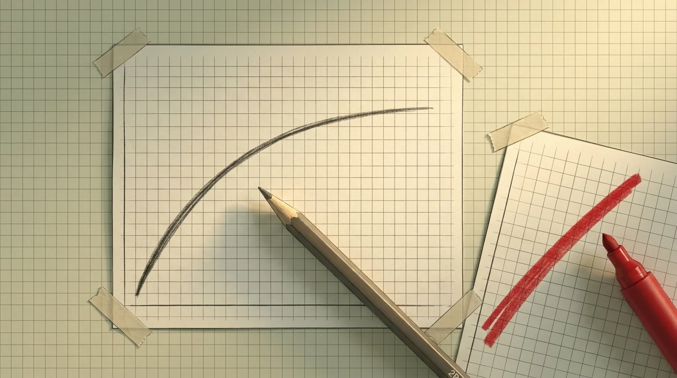 A graphite curve half drawn across fresh grid paper, the 2B tip mid-stroke, last week's sheet with its red line taped at the corner