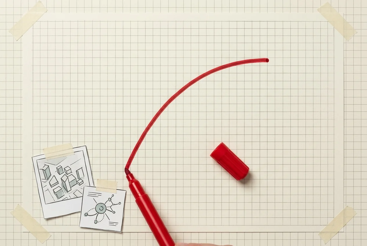 Pencil grid with a single red marker line tracing the settlement path