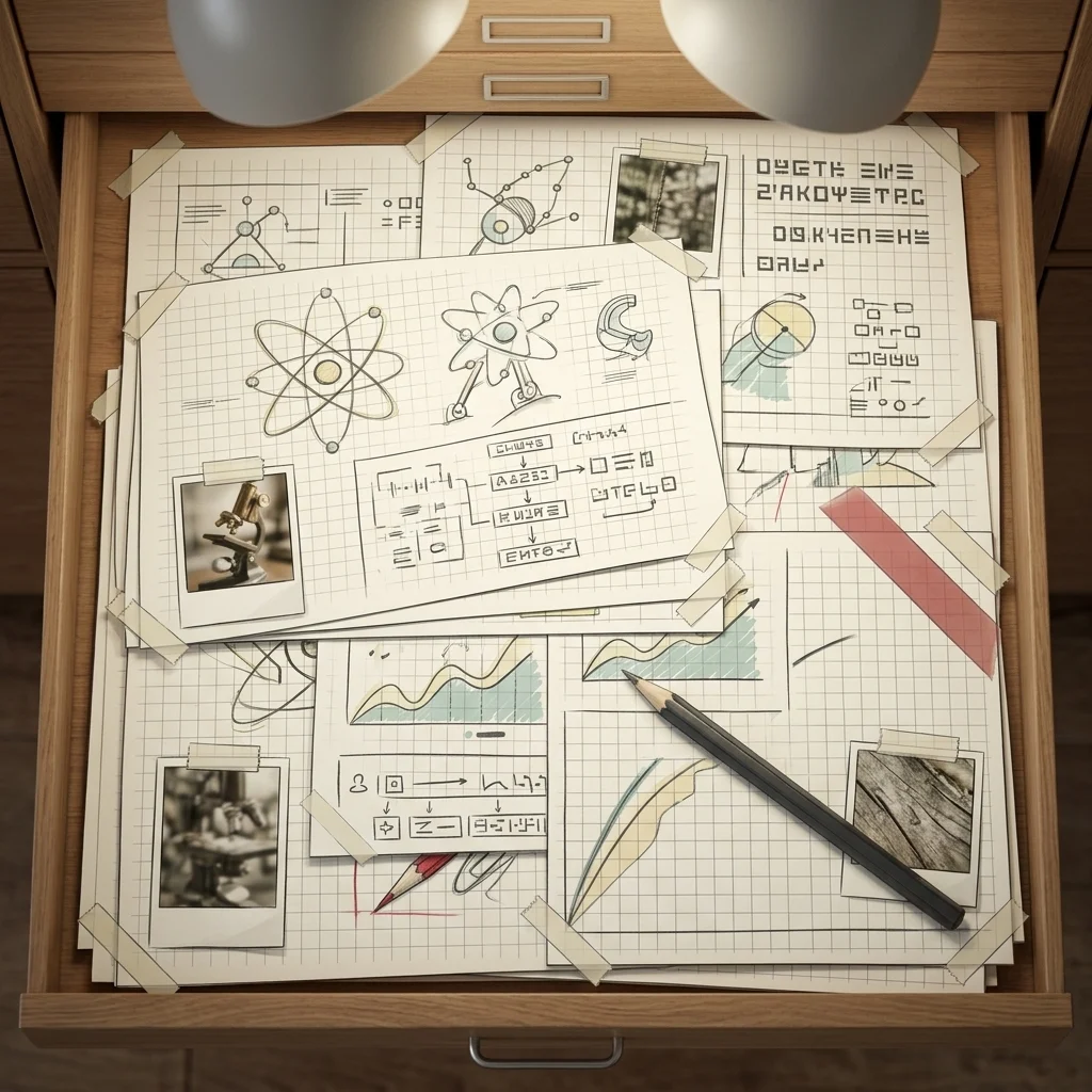 An open flat-file drawer holding weeks of taped grid sheets